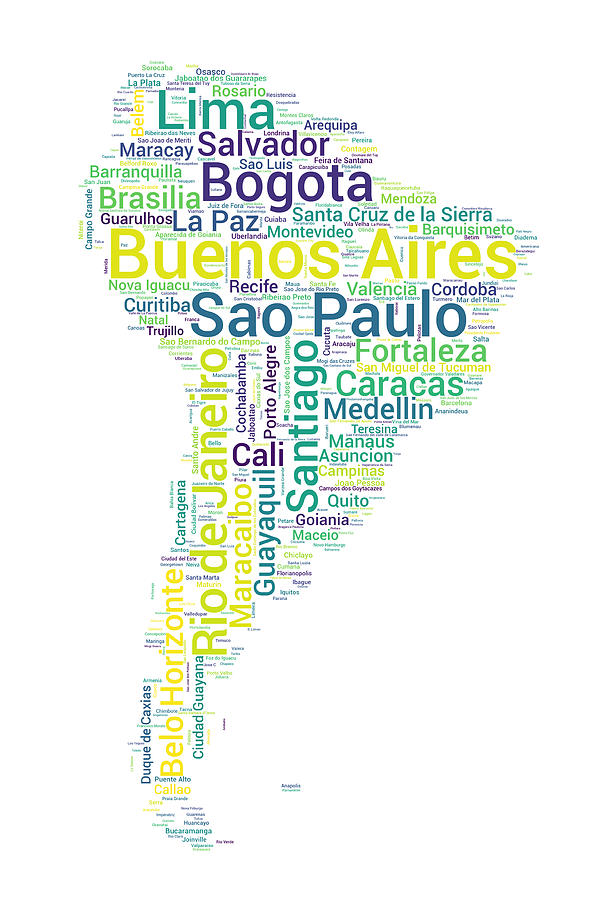 Map of South America with Word Cloud of City Names Digital Art by Alexios Ntounas