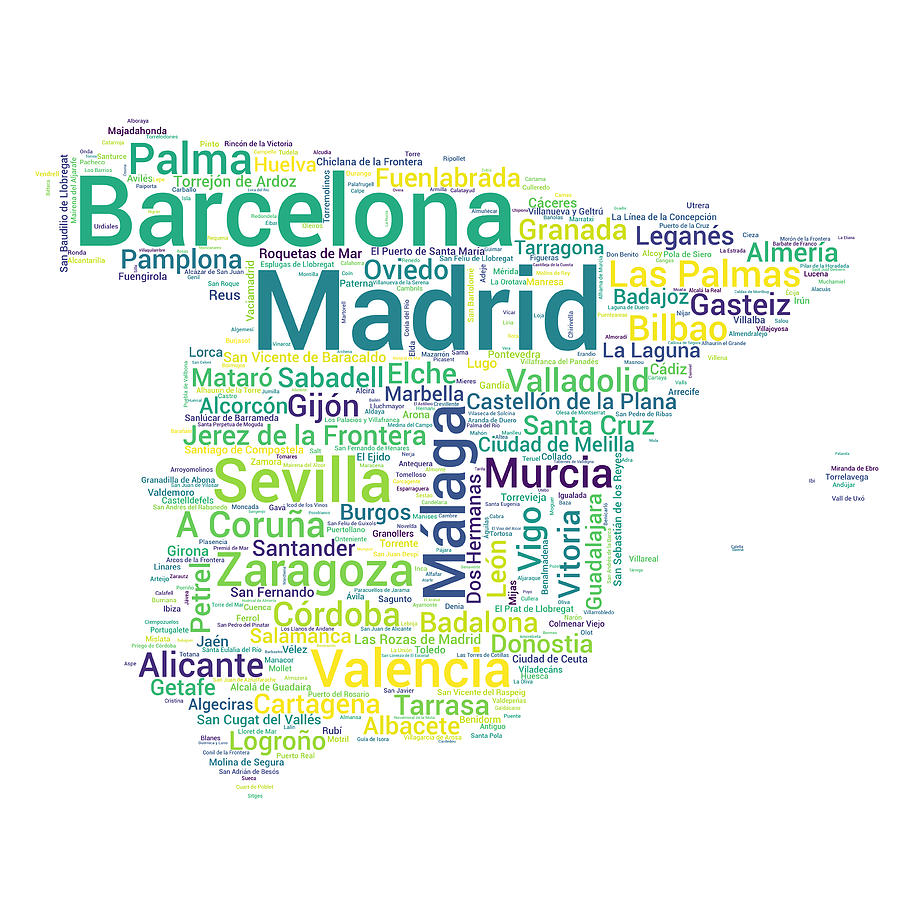 Map of Spain with Word Cloud of City Names Digital Art by Alexios Ntounas
