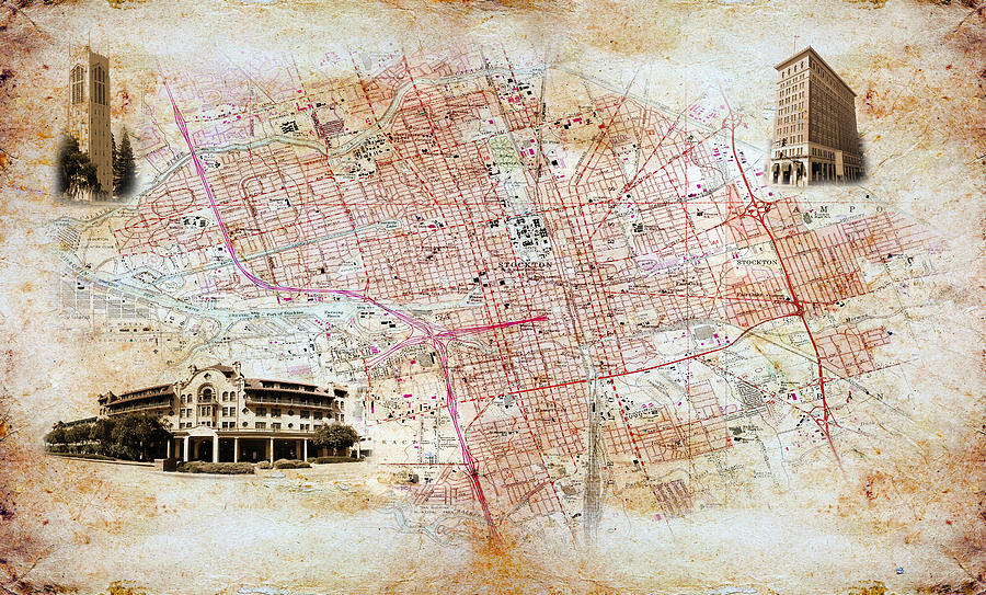 Map of Stockton, California, on old paper Digital Art by Nicko Prints