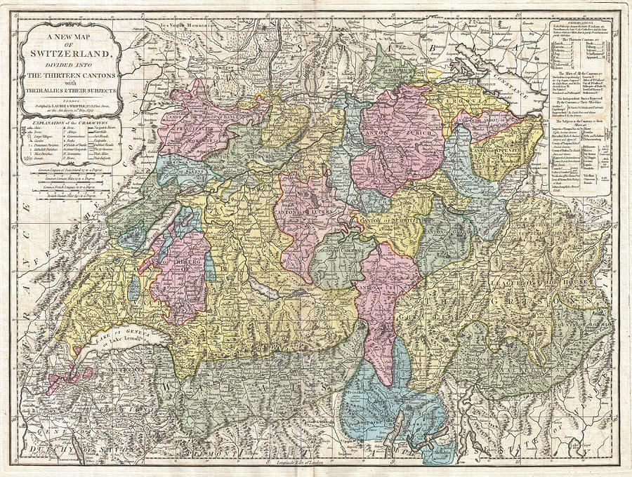 Map of Switzerland 1794 Drawing by Linda Howes - Laurie and Whittle ...