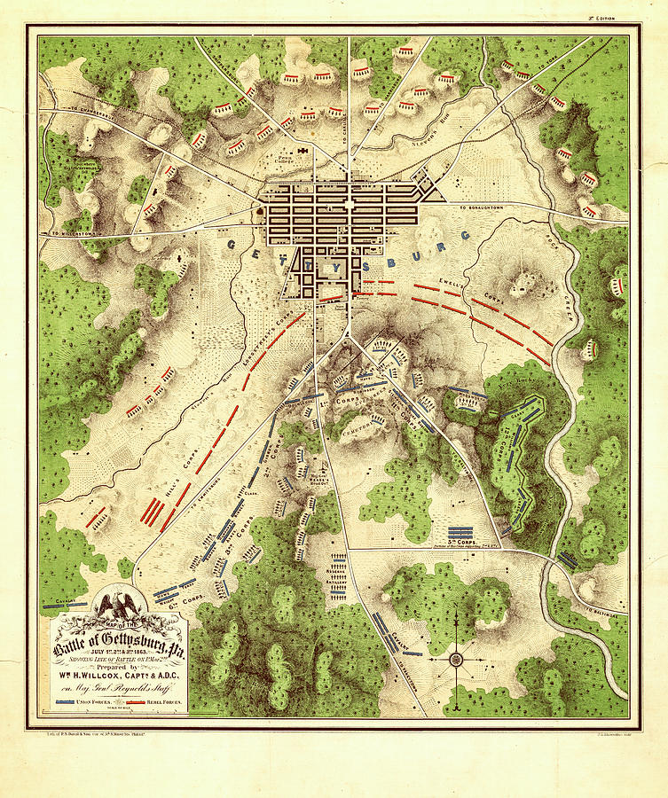 Map of the Battle of Gettysburg Historical Vintage Map Drawing by