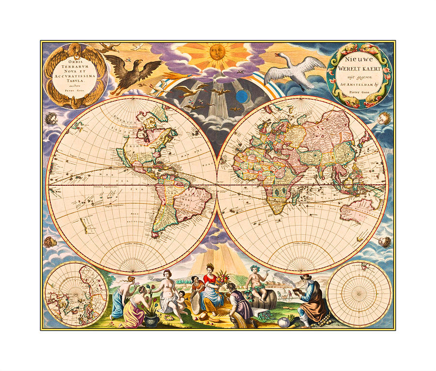 Map of the New World 1669 with Border Painting by Peter Ogden