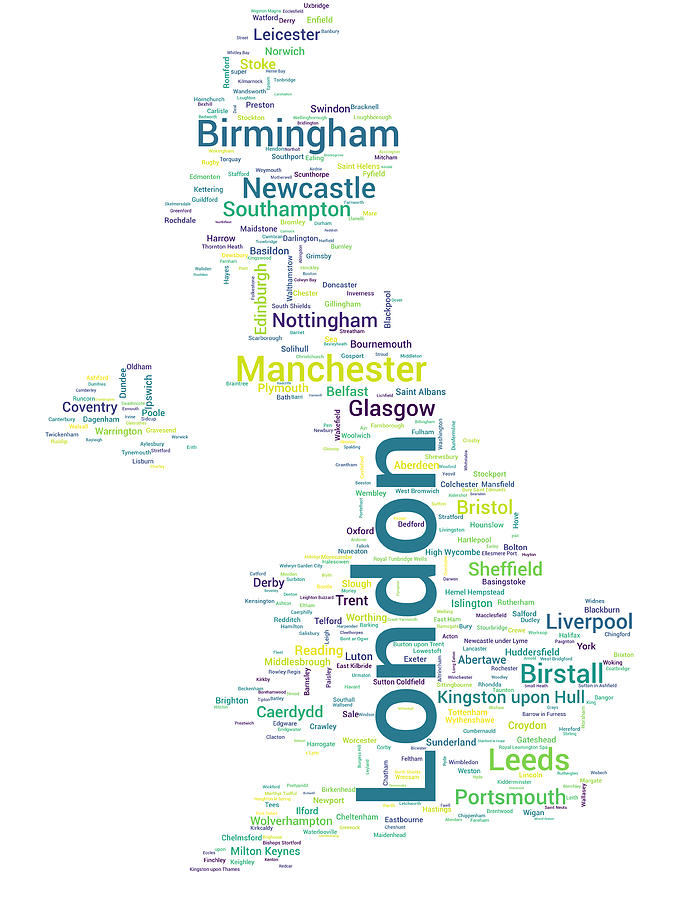 Map of the United Kingdom with Word Cloud of City Names Digital Art by Alexios Ntounas
