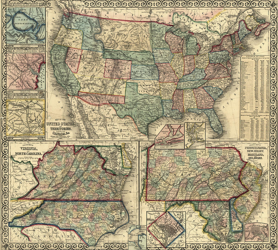 Map Drawing - Map of the United States and Its Territories 1861 by Vintage Maps