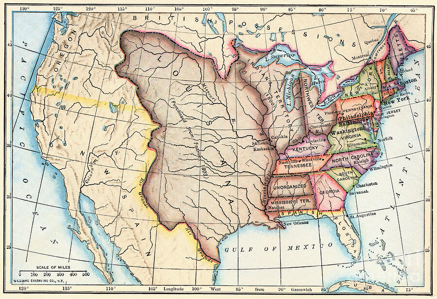 Map of the United States in 1803, showing the Louisiana Purchase ...