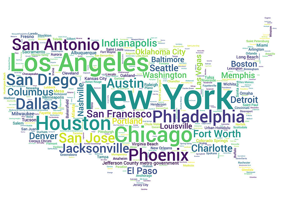 Map of the United States with Word Cloud of City Names Digital Art by Alexios Ntounas