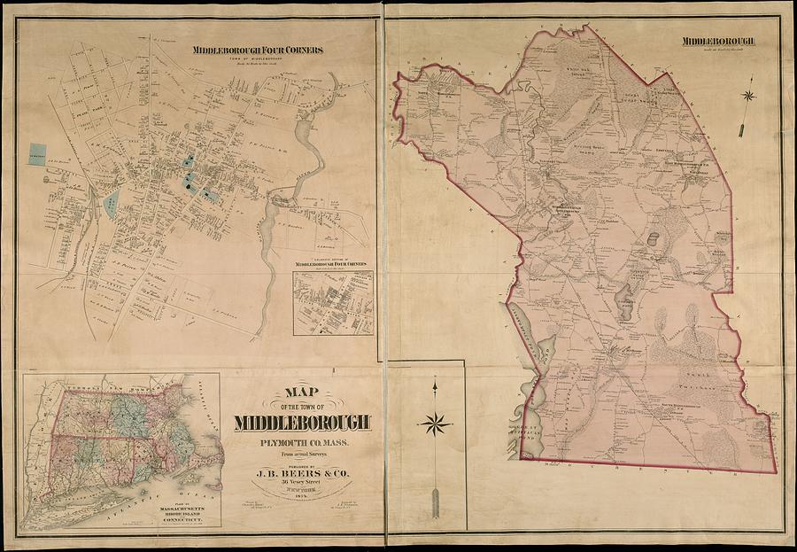 Map Drawing - Map of Town of Middleborough, Massachusetts 1874 by Linda Howes