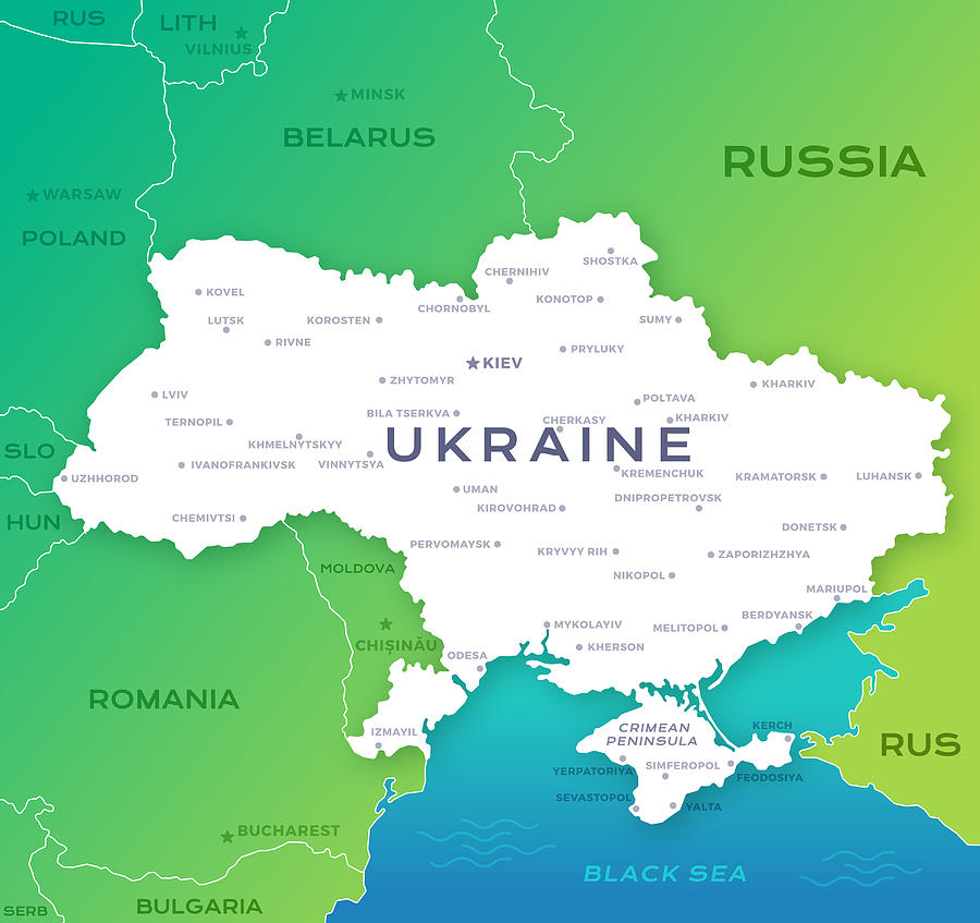 Map of Ukraine with International Borders and Major Cities Drawing by Filo
