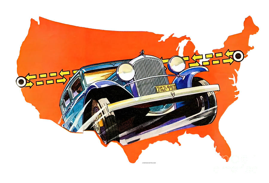 Map of USA featuring 1930s Chevrolet Painting by Retrographs