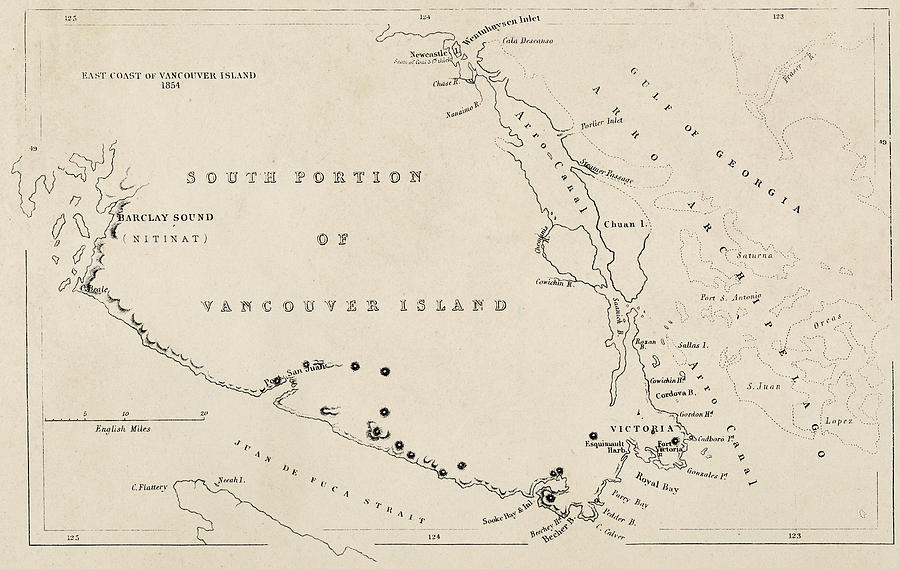 Map of Vancouver Island in Canada- 19th Century Drawing by Powerofforever