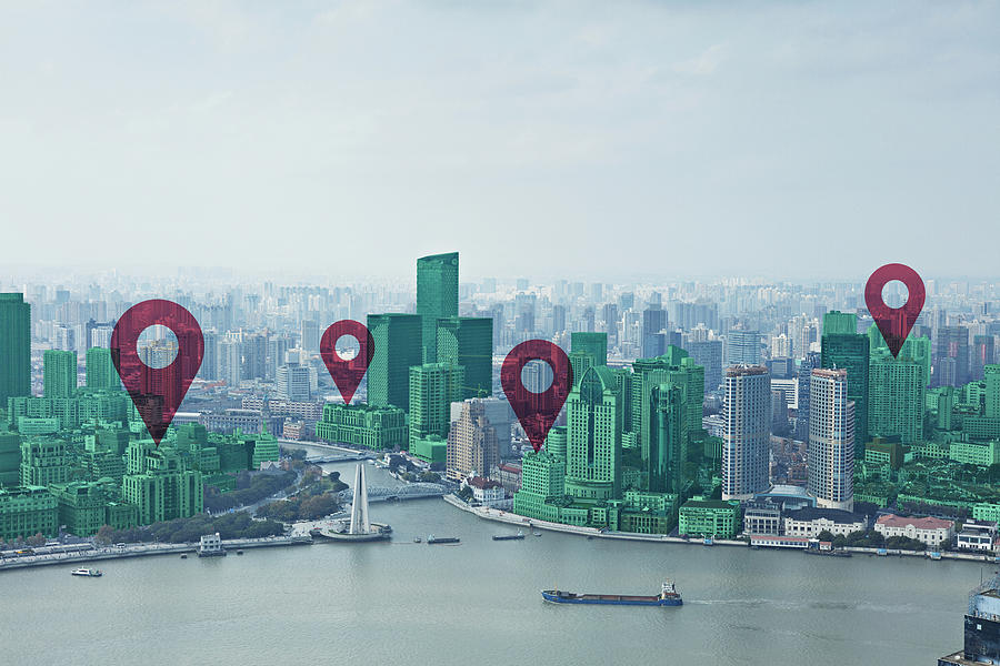Map pin flat on green cityscape and Huangpu River Photograph by Klaus Vedfelt