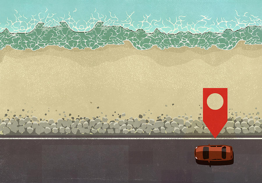 Map pin icon above car driving along ocean road Drawing by Malte Mueller
