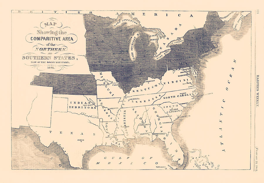 Map Showing The Comparative Area Of The Northern And Southern States - 1861 Drawing by War Is Hell Store