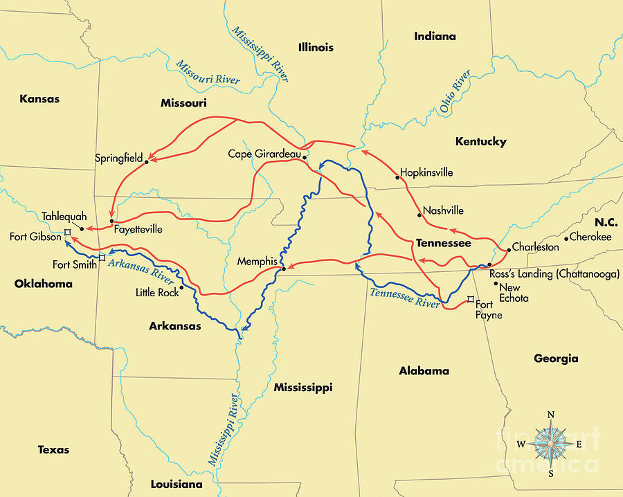 Map showing the routes of the Trail of Tears Digital Art by American