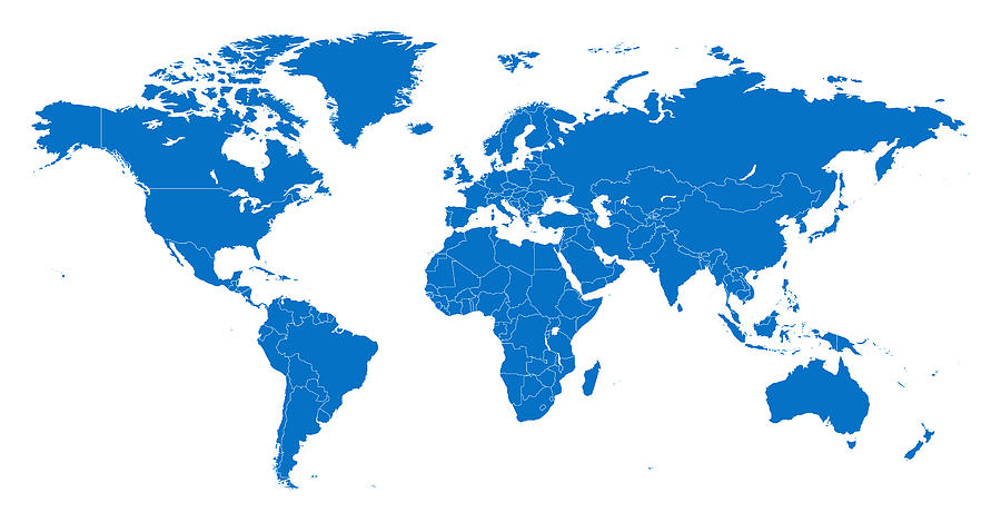 Map World Seperate Countries Blue with White Outline Drawing by Bamlou