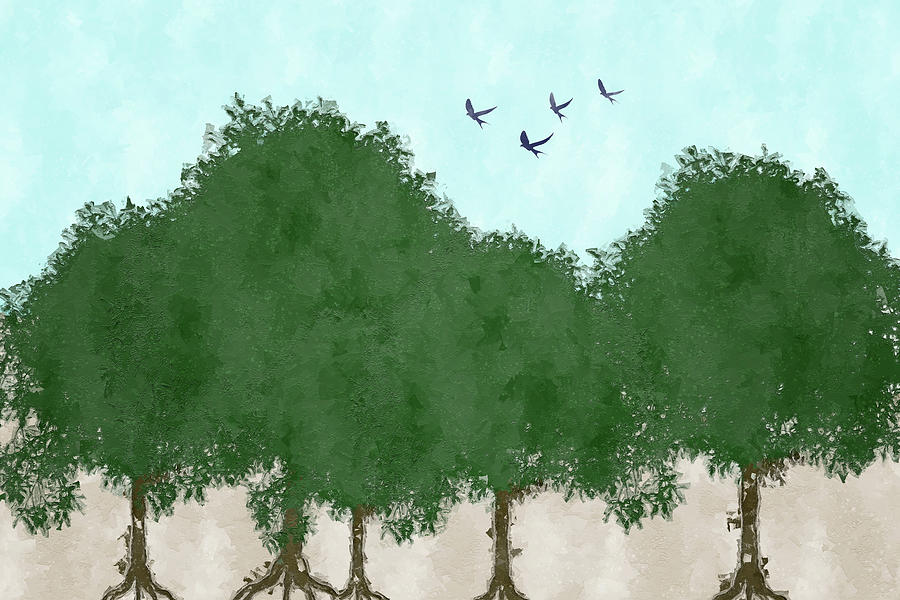 Maple Trees with Birds Digital Art by Alison Frank