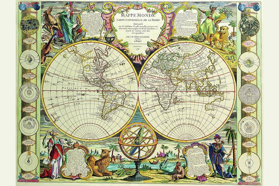 Map Drawing - Mappa Monde Carte Universelle de la terre by Jean Baptiste Nolin