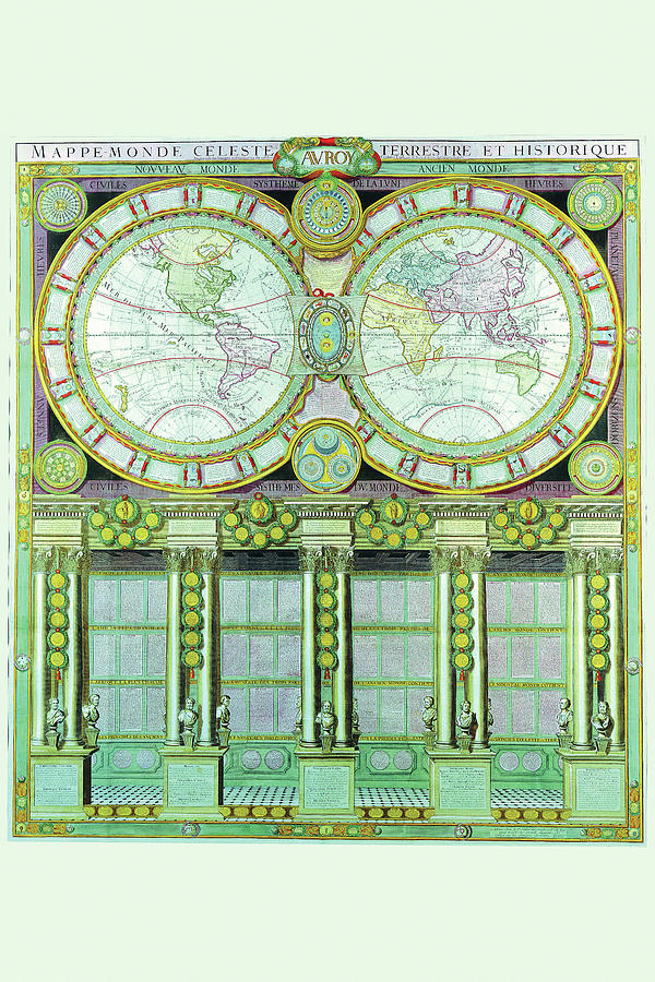 Map Drawing - Mappe Monde Celeste Terrestre et Historique Stereographic Projection by Louis Charles Desnos
