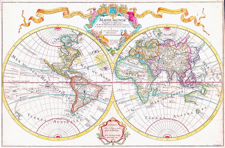 Vintage Drawing - Mappe-Monde by Guillaume Delisle