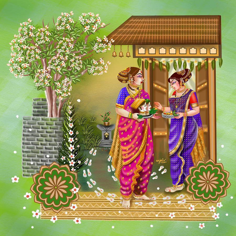 Marathi festival Gauri Pooja Digital Art by Anjali Swami