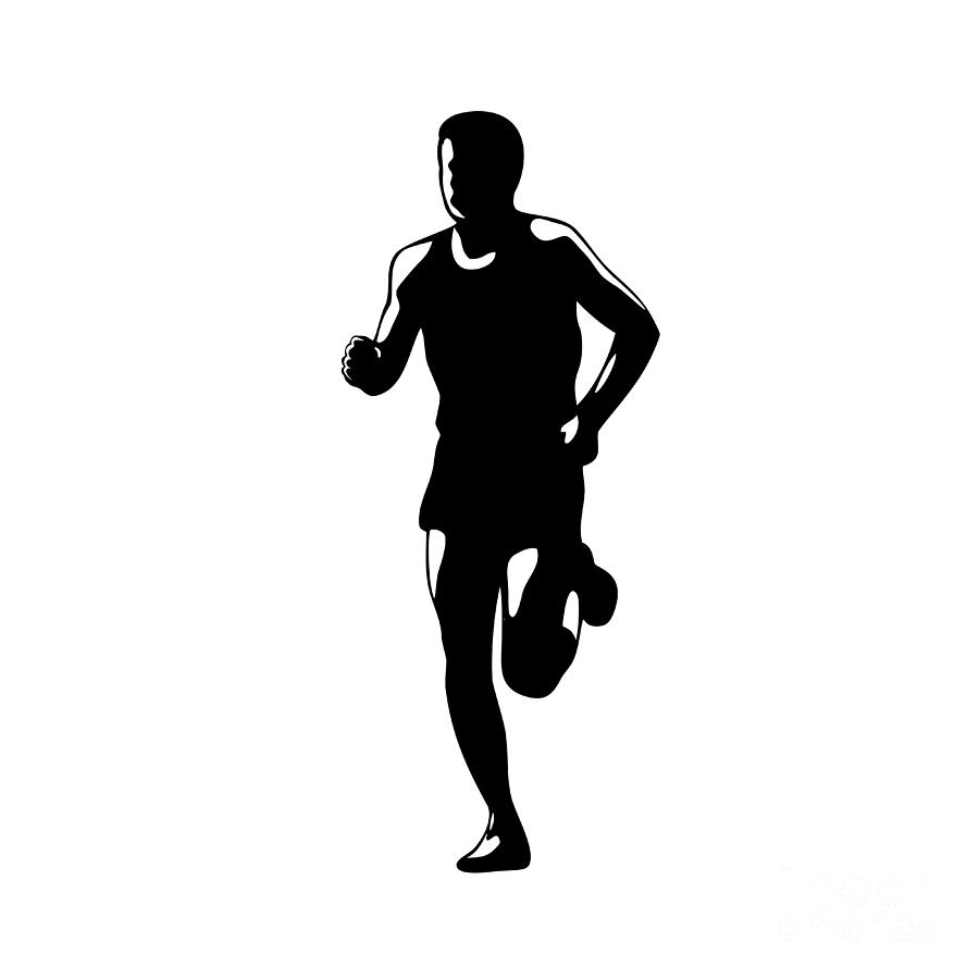 Marathon Runner Running Front Silhouette Retro Blakc and White Digital ...