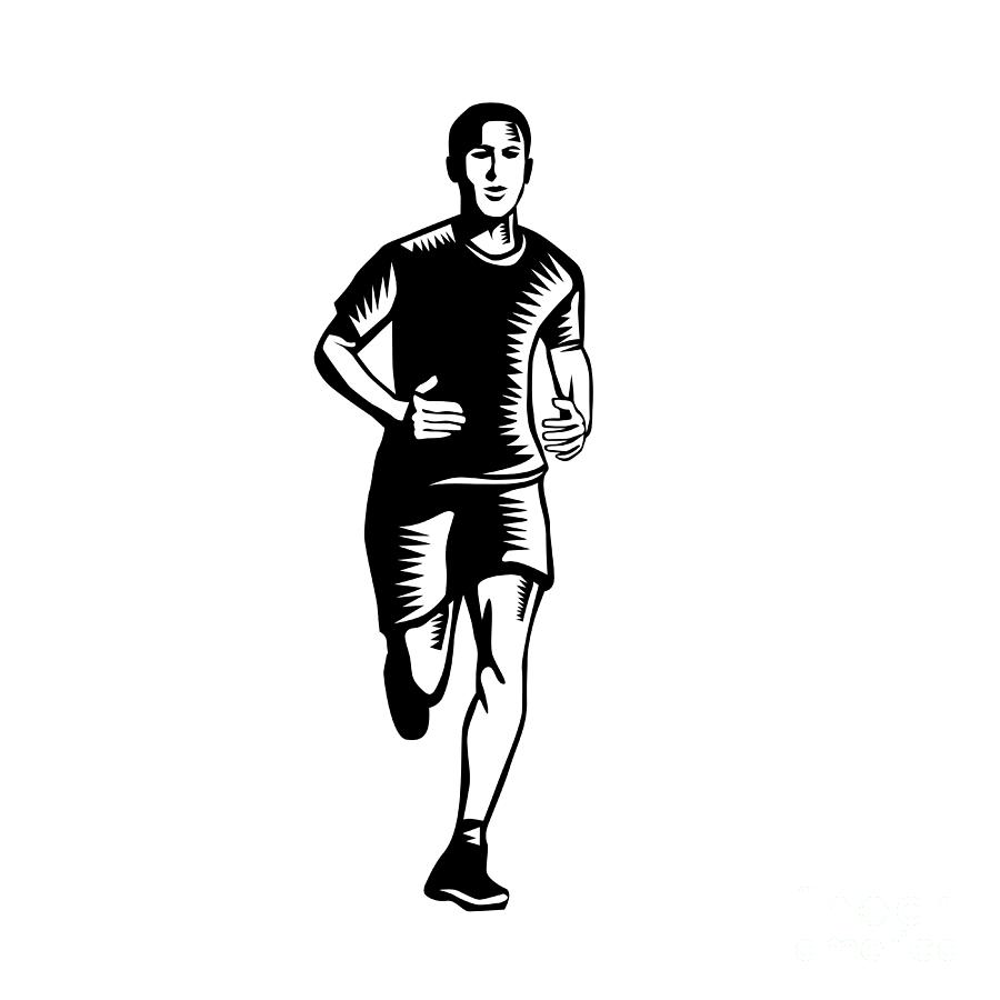 Marathon Runner Woodcut Black And White Digital Art