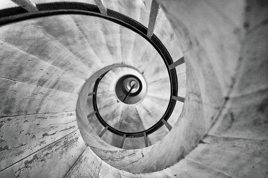 Marble and Iron Nautilus Spiral Staircase to the Pantheon Crypt Paris France Black and White Photograph by Shawn OBrien