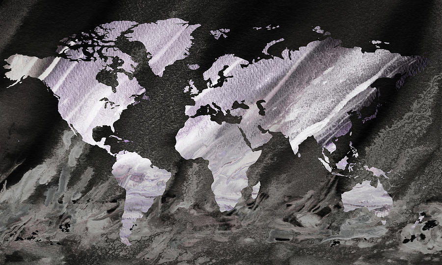 Marble Gray Stone Glow World Map Silhouette  Painting by Irina Sztukowski