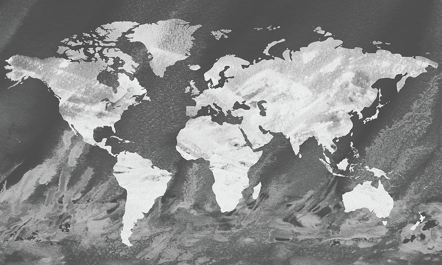 Marble Gray Stone Silhouette Of Map Of The World  Painting by Irina Sztukowski