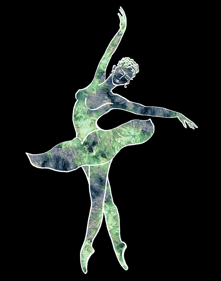 Marble Green Watercolor Ballerina Silhouette On Black  Painting by Irina Sztukowski