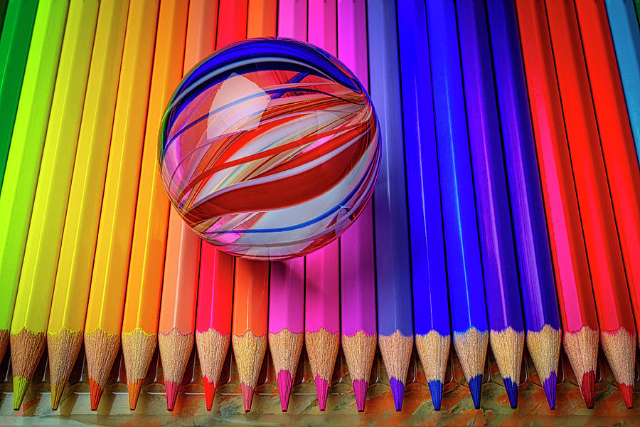 Still Life Photograph - Marble On Colored Pencils by Garry Gay