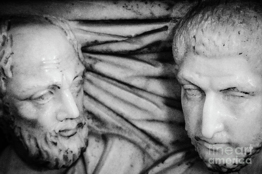 Marble Sculpture Faces Cordoba Black and White Photograph by Eddie Barron