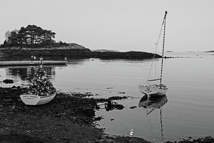 Marblehead MA First Harbor Christmas Tree Row Boat Reflection Black and White Photograph by Toby McGuire Marblehead MA First Harbor Christmas Tree Row Boat Reflection Black and White Photograph by Toby McGuire