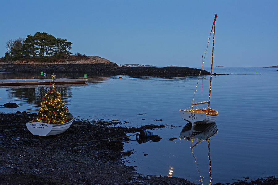 Christmas Photograph - Marblehead MA First Harbor Christmas Tree Row Boat Reflection by Toby McGuire