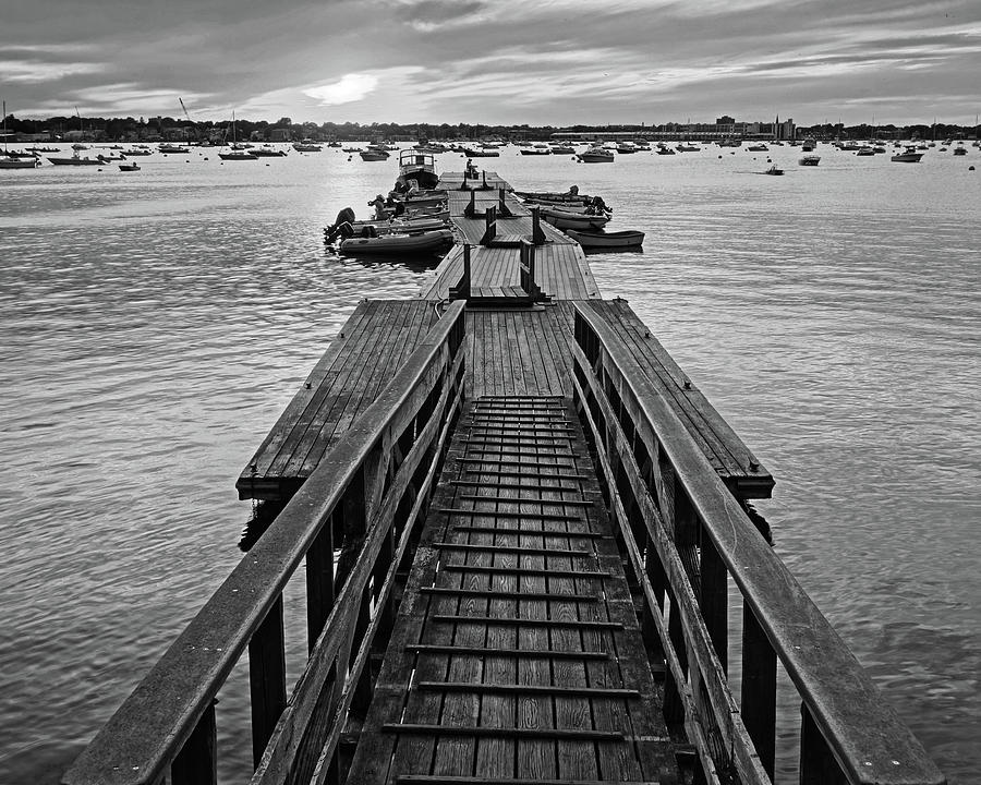 Marblehead MA Village Street Dock at Sunset Black and White Photograph by Toby McGuire
