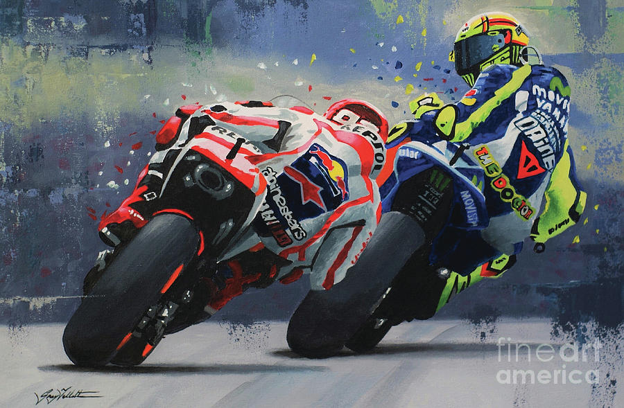 Motogp Painting - Marc Marquez Valentino Rossi by Gregory Tillett