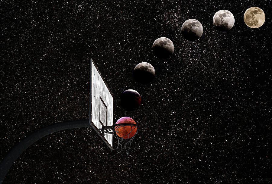 March Madness Lunacy - Blood moon lunar eclipse sequence with basketball hoop - composite Photograph by Peter Herman