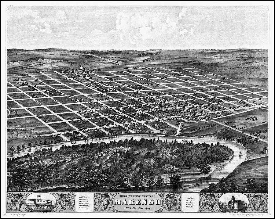 Marengo Iowa Vintage Map Birds Eye View 1868 Black and White Photograph ...