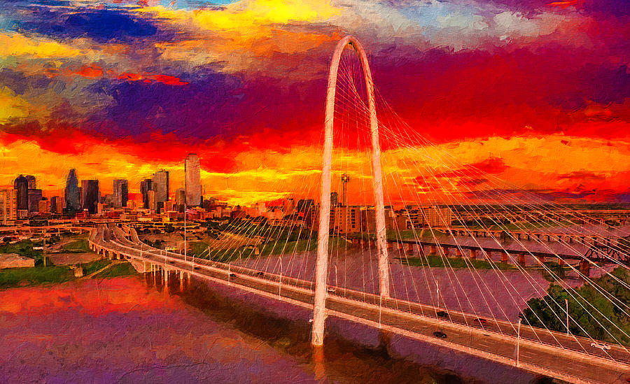 Margaret Hunt Hill Bridge and the skyline of downtown Dallas at sunset Digital Art by Nicko Prints