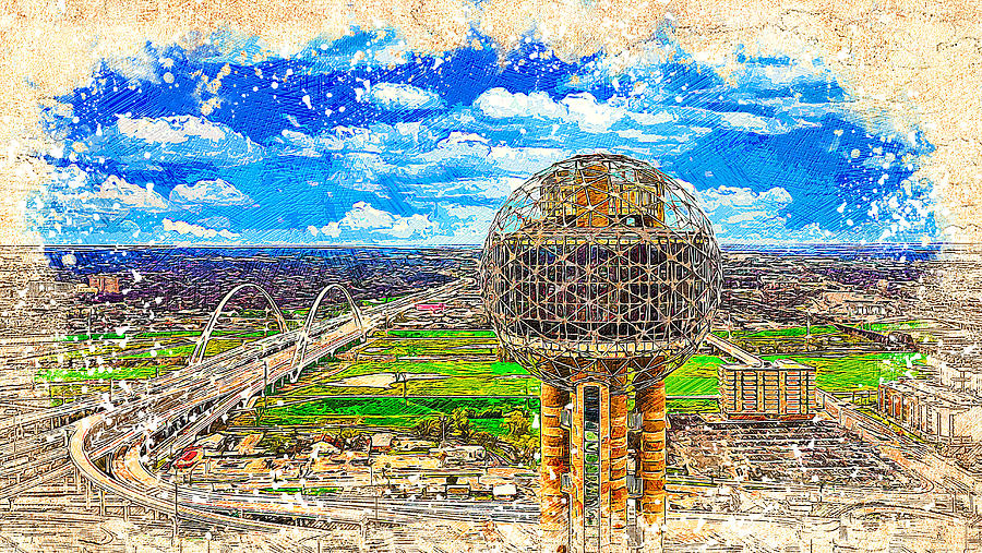 Margaret McDermott Bridge and the Reunion Tower in Dallas, Texas - colored drawing Digital Art by Nicko Prints