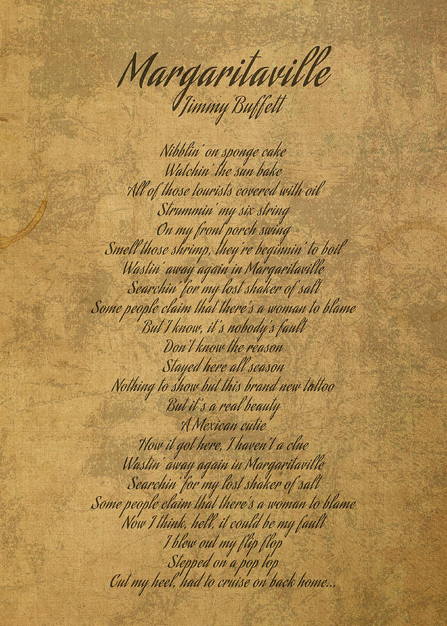 Margaritaville By Jimmy Buffett Vintage Song Lyrics On Parchment Mixed ...