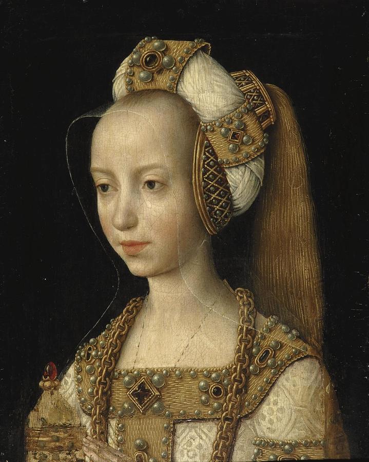 Portrait of a young woman, probably Mary of Burgundy, bust length, in ...