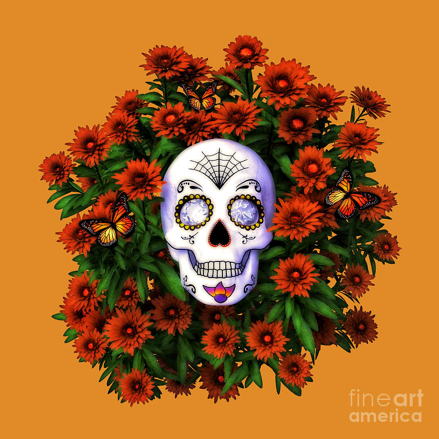 Flower Digital Art - Marigold Sugar Skull Day Of The Dead by Two Hivelys