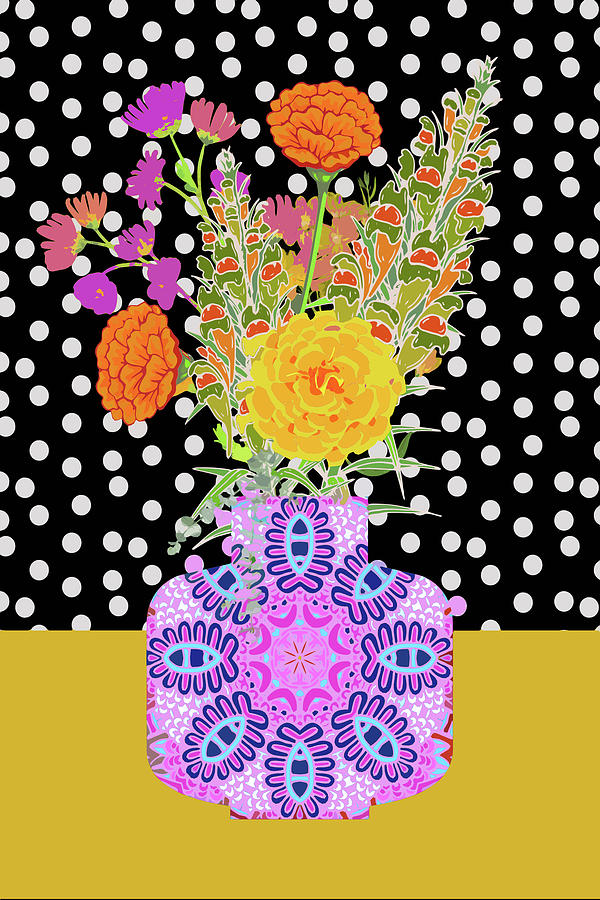 Marigolds in Patterned Vase Digital Art by Tracy-Ann Marrison