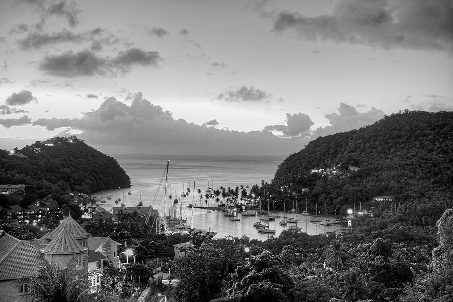 Marigot Bay Sunset Saint Lucia Caribbean Black and White Photograph by Toby McGuire