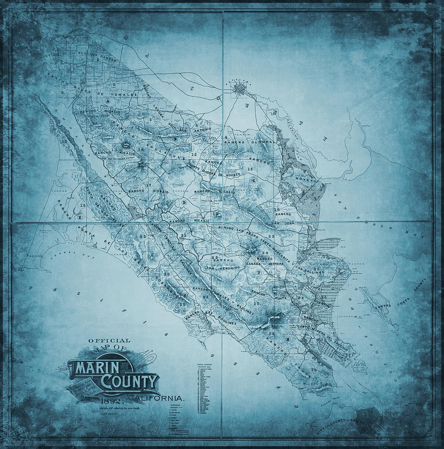 California Map Photograph - Marin County California Vintage Historical Map 1892 Ocean Blue by Carol Japp