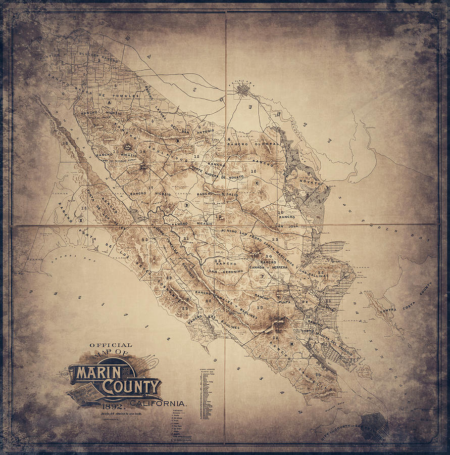 California Map Photograph - Marin County California Vintage Historical Map 1892 Sepia by Carol Japp