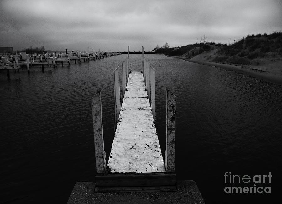 Black And White Photograph - Marina Boat Ramp Dock    Michigan City  Indiana   Black and White  Lake Michigan   by Rory Cubel
