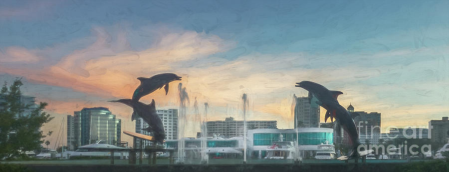 Marina Jacks Through Dolphin Fountain, Sarasota, FL, Oil Paint Photograph by Liesl Walsh