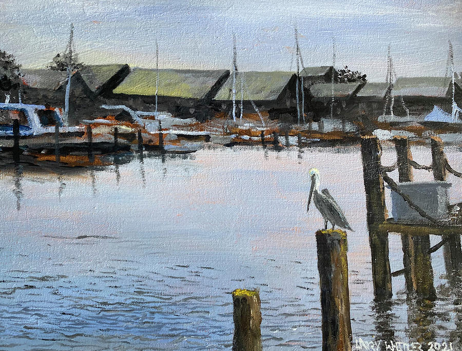 Marina Pelican Painting by Larry Whitler